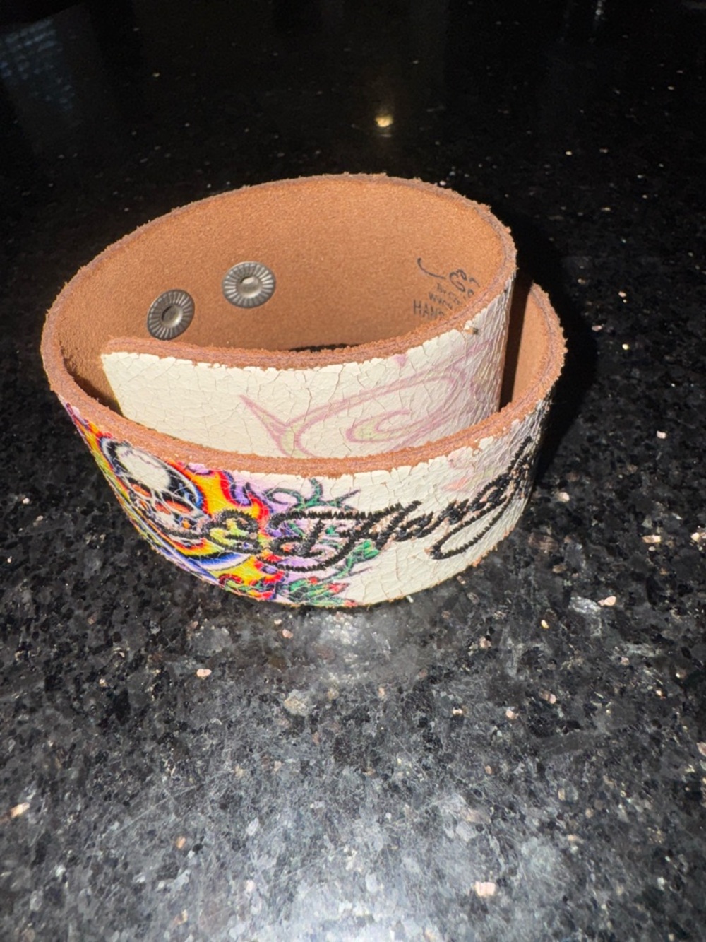 Ed Hardy Leather Cuff Bracelet with Multicolor Skull Artwork